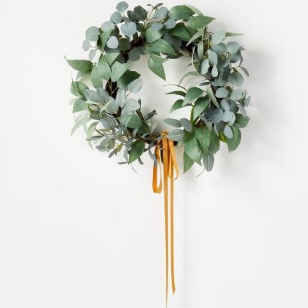 Set of 2 new STUDIO MCGEE faux wild eucalyptus & olive leaf ribbon wreath